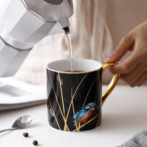 Kingfisher Pastoral Bone China Mug European-style Personality Large Capacity Ceramic Water Cup Creative Coffee Cup With Spoon
