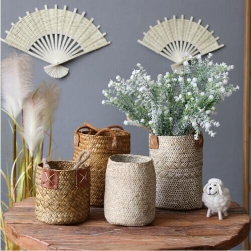 Flower basket seaweed woven basket flower tube seaweed vase Idyllic creative dried flower basket storage barrel Vase