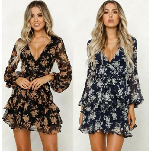 2020 Fashion Womens Boho Chiffon Floral Dress Ladies V-Neck Long Sleeve A-Line Dresses Summer Party Holiday Sundress Vestidos