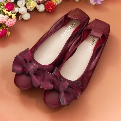 AUCVEE Genuine Leather Shoes Woman Spring Square Toe Flat Moccasins Slip On Bow Ballet Shoes Lady Office Dress Flat Shoes Loafer