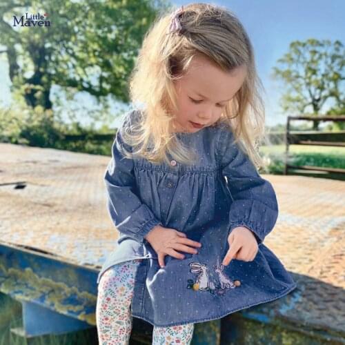 Frocks for Girl Autumn Toddler Clothes Denim Casual Cotton Vestiods Bunny Flower Applique Jean Dress for Kids 2-7 Years