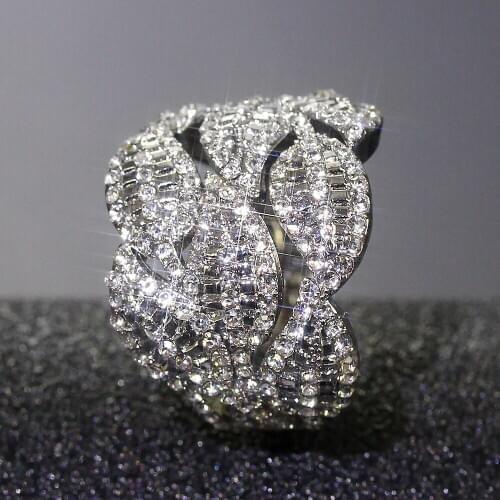 Silver Plated Leaves Cubic Zirconia Ring Banquet Couple Wedding Hollow Rings Women Rings Fashion Jewelry Give Girlfriend Gift