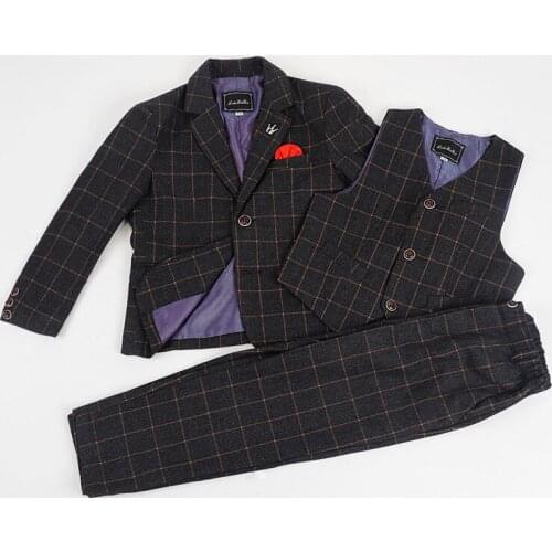 Flower Boys Wedding Suit Kids Plaid Jacket+Vest+Pants 3Pcs Tuxedo Clothing Set Gentleman Children Graduation Party Costume