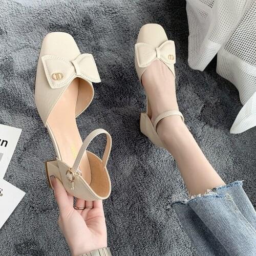 New Ladies Bow High Heels Summer Fashion Retro Buckle Casual Sandals Shoes for Women Sandals High Heels Women Shoes
