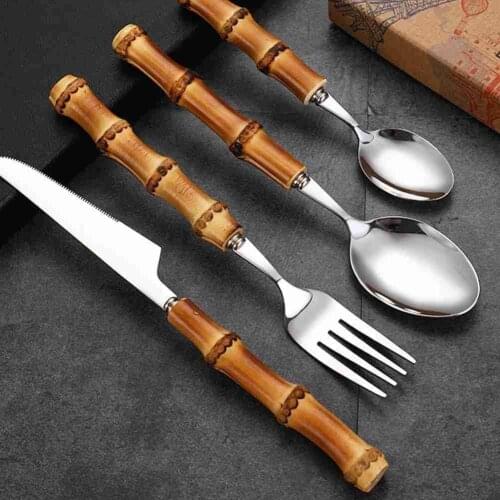Tableware with Bamboo Handle with Steak Knives Cutlery Steel Flatware Cutlery Set Forks Spoons Knives Home Must-choice
