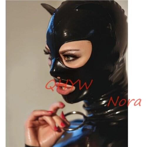 Unisex Latex Cat Rubber Hoods Sexy Black Mask with Ears Fetish Handmade Back Zipper Customized S-XL