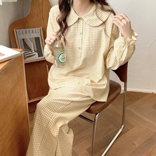 Spring Autumn Cotton Pajamas Women New Plaid Student Sleepwear Set Pijama Mujer Loungewear 2 Piece Suit Winter Pyjama Femme