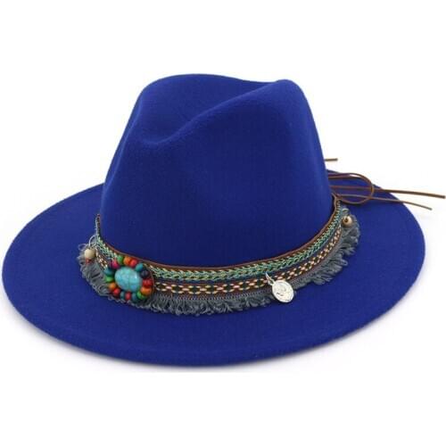 X3009 Hot Selling Woolen Hat Womens Minority National Style Retro Flat Brim Big Brim Fedora Hat Adjustable Size