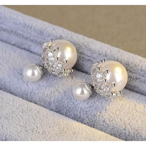 Vintage Fashion Sliver Lace Zircon Double Pearl Stud Earrings Two Wear Ways For Women Elegant Gifts 2019 New