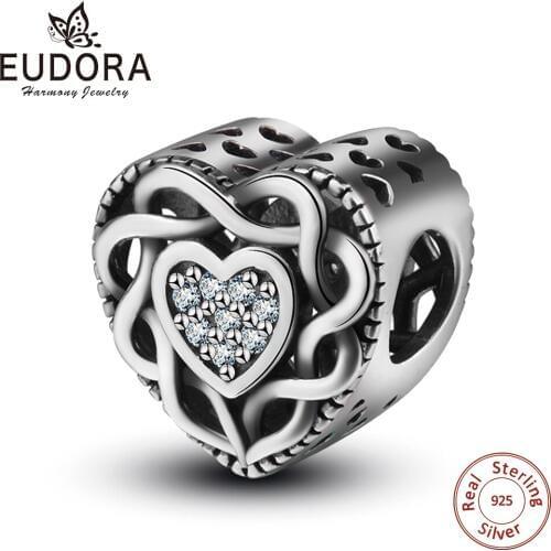 Eudora Romantic 925 Sterling Silver Clear CZ Heart Charms fit Bangles & Bracelet Women luxury Jewelry CZ DIY mini Pendant Z025