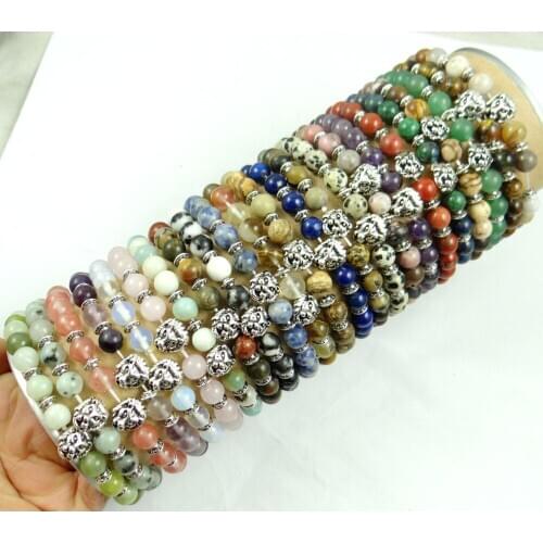 Wholesale Fashion 8MM Natural Stone Silver Lions head Bracelets For Women Men Tiger Eyes Agates Beaded Bracelets