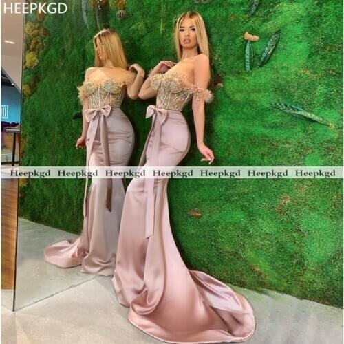 Sexy 2021 Dusty Rose Long Evening Dress Off The Shoulder Illusion Beads Satin Formal Dresses For Women Mermaid Prom Gowns
