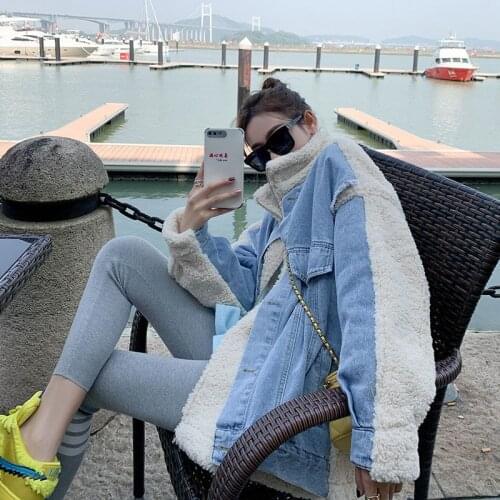 High street denim stitching lamb wool coat women 2021 new autumn winter all-match loose thick mid-length fashion padded jacket