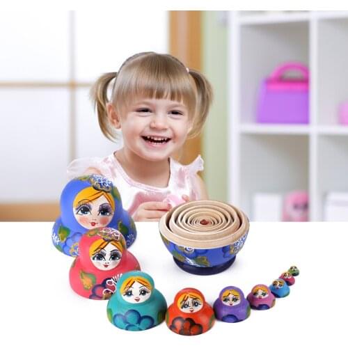 1 Set 10pcs Wood Matryoshka Hand Paint Blue Girl Russian Nesting Doll Ornament Handmade Hand-painted Arts Crafts