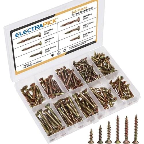 165Pcs Screws Assortment M4 Stainless Steel Cross Countersunk Flat Head Tapping Screws Drywall Wood Furniture Cabinet Screw