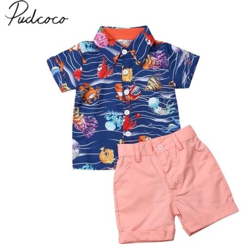 2019 Baby Summer Clothing Infant Kids Boy Casual Clothes Sets Sea Animal T Shirt Top+ Solid Shorts Bottoms 2pcs Set Outfits 1-5Y