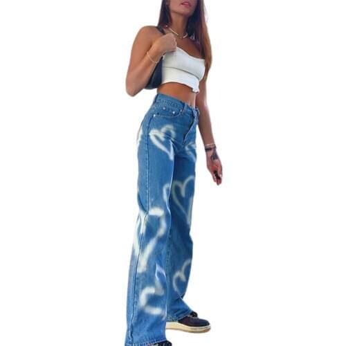 2020 Vintage Heart Printed Y2K Baggy Jeans Women High Waist Harajuku Aesthetic Mom Jeans Denim Streetwear 90s Trousers