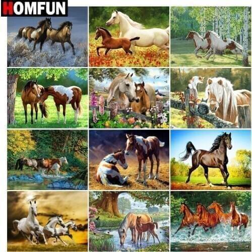 HOMFUN Diamond painting "Animal horse flower" Full Square/Round Drill Wall Decor Inlaid Resin Embroidery Craft Cross stitch