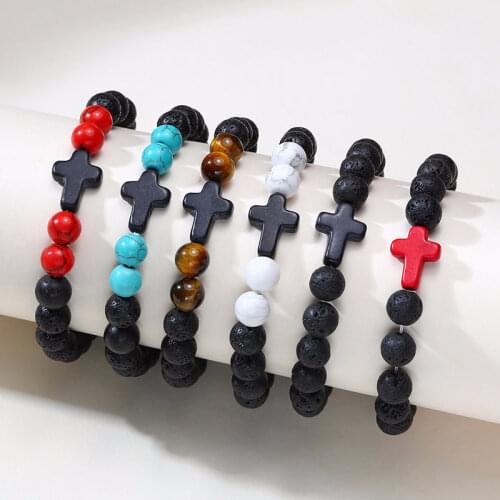 CROSS BRACELET 9MM BLACK LAVA ROCK BEAD STONE STRETCH HEALING BRACELETS FOR MEN UNISEX JEWELRY