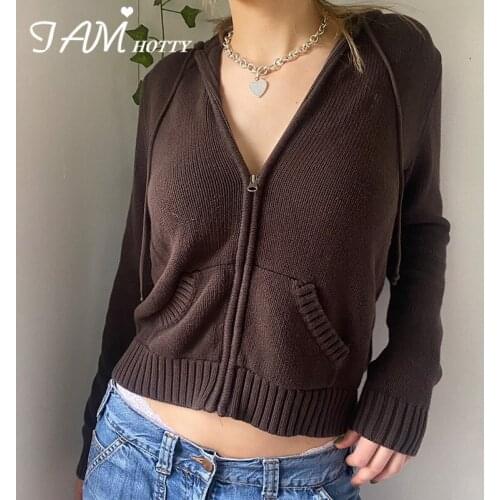 Zip Up Loose Sweater Cardigan Women Casual Pockets Hooded Sweaters Autumn Winter Outerwear Solid Casual Jackets Coat Iamhotty