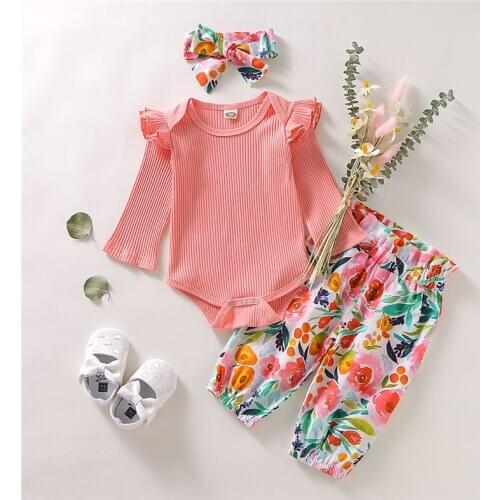 Baby Clothes Set Spring And Autumn Baby Newborn Knitted Romper Printed Trousers Head Scarf 3pcs For Toddlers Girls Kids Clothing