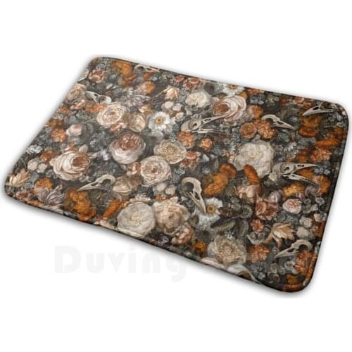 Baroque Macabre Mat Rug Carpet Anti-Slip Floor Mats Bedroom Skull Bird Baroque Floral Golden Vintage Flower Halloween Rose Bird