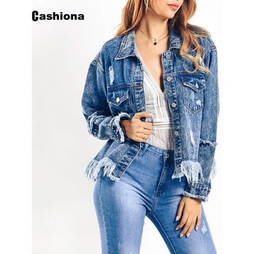 Cashiona Boyfriend Demin Jackets Women 2020 Spring Autumn Hole Ripped Outerwear Hip Hop Tassel Short Jacket Blue Womens Clothing