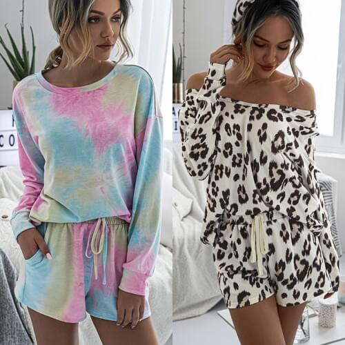 Summer Women Set Tie Dye Long Sleeve Pullover Tops Short Pants Tracksuit Two Piece Set Casual Outfit Suits Lounge Wear Sleepwear