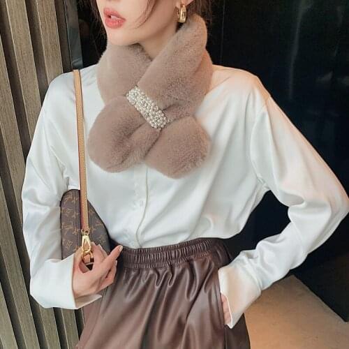 Fashion winter warm faux fur scarf women snood scarfs thicked ring scarf with pearls wool pashmina neckchief female foulard