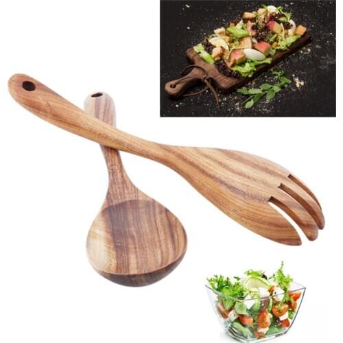 Kitchen Natural Wooden Spoon Set Large Salad Dinner Serving Spoons Server Wood Fork Spoon Cutlery Set Wooden Utensils Tableware