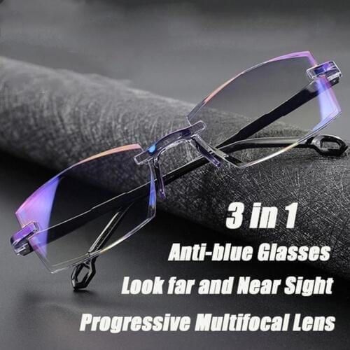 3in1 Rimless Diamond-cut Reading Glasses Light and Blue Film Full Degree 1.0 1.5 2.0 2.5 3.0 3.5 4.0 Glasses Anti-Blue Glasses