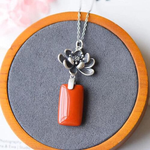 Original S925 Sterling Silver Retro Personalized Lotus Southern Red Agate White Jade Elegant Lady Pendant All-Match Pendant Neck