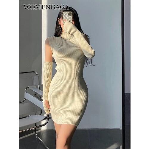WOMENGAGA Sexy Half High Collar Slim Full Sleeve Knitted Sweater Dress Skinny Hip Pink Korean Women Dresses Winter CHJ8