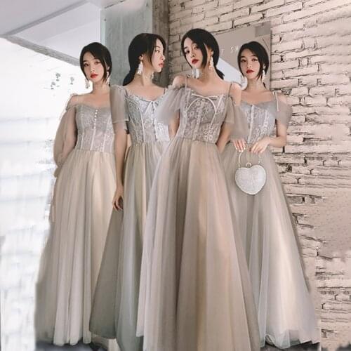 Bridesmaids Dresses Illusion Embroidery Pleat Spaghetti Straps A-Line O-Neck Lace Tulle Luxury Gray Lady Wedding Party Gown E354