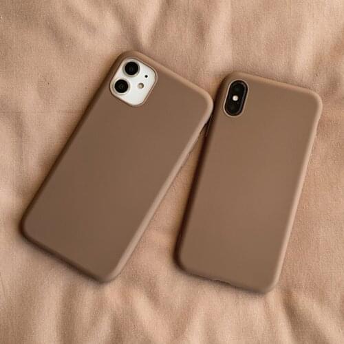 Simple Korean Couple Phone Case Silicone Cover For Coque iPhone 12 11 Pro Xs Max 7 8 Puls X XR Case Retro Brown Solid Color