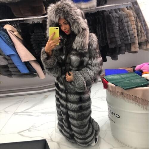 FURSARCAR Luxurious Silver Fox Fur Long Coat Casual Women Real Fox Fur Jacket Down Winter Fur Hood X-Long Thick Warm Outerwear