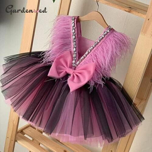 Gardenwed Puffy Flower Girl Dresses Feathers Diamond Satin Bow Ball Gown Girl Dress Pink Girl Birthday Dress 2020