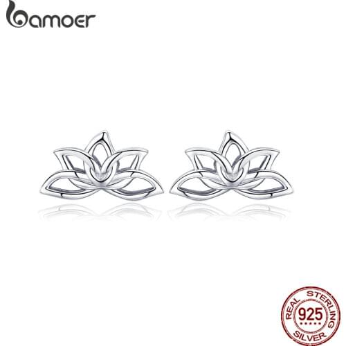 BAMOER New Arrival 925 Sterling Silver Lotus Flower Stud Earrings for Women Elegant Lotus Earrings Silver Jewelry BSE024