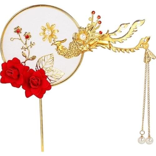Alloy Phoenix Cake Decoration Red Rose Cake Topper for Chinese Wedding Anniversary Party Decor