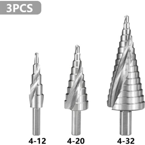 HSS Step Drill Bit 3pcs 4-12 4-20 4-32mm Spiral Groove Wood Metal Hole Cutter Round Shank Step Cone Drill