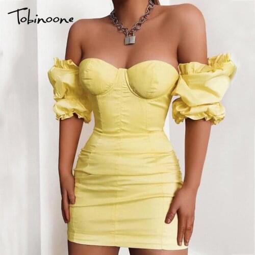 Tobinoone Short Puff Sleeve Women Corset Bodycon Dress Square Collar Backless Sexy Dresses Female Party Night Club Summer Dress