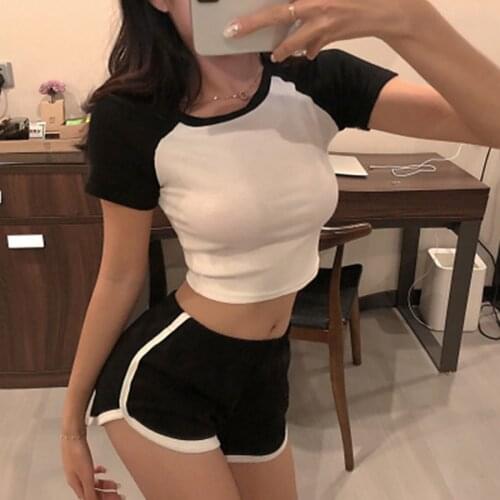 Splice Korean Version Summer T-Shirt Female Tight Short Sleeve O-Neck Top Female Fashion Simple Patchwork Slim Tees Woman 2019