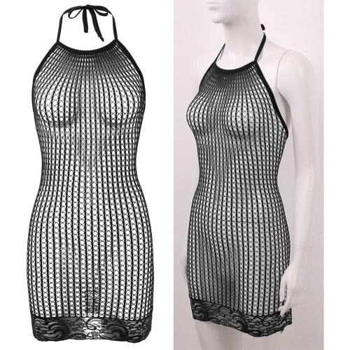 Womens Erotic Hollow Out Netted Bodystockings Lingerie Sleeveless Lace Hemline Babydolls Mini Sissy Bodycon Mini Dress Nightwear