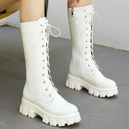2021 Women Knee High Boots Platform Square Heel Ladies Lace Up Boots PU Leather Round Toe Womens Boots Short Plush Winter Shoes