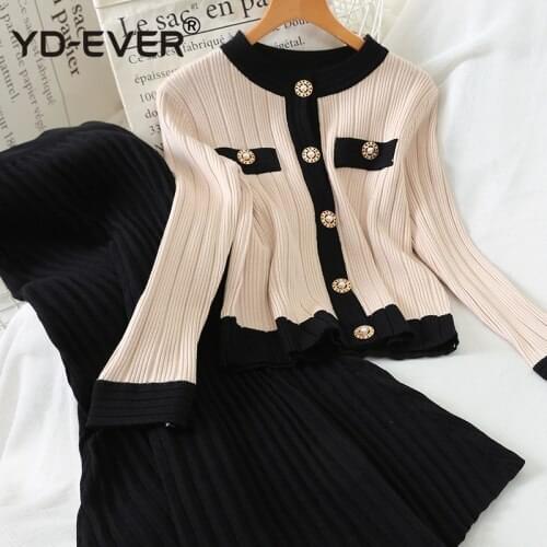 Small Fragrance Knit 2 Pcs Women Set O Neck Contrast Color Single Breast Cardigans + High Waist Hip Pit Skirt Fashion