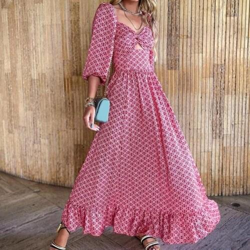 Fashion Hollow Bow Square Collar Long Dress Elegant Women Party Print Boho Holiday Dress Sexy Spring Summer Puff Sleeve Dresses