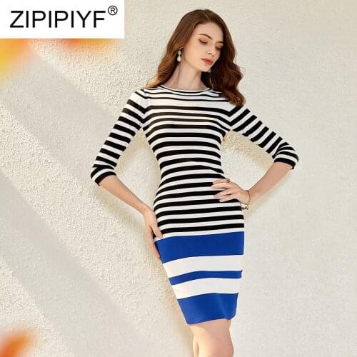 Women High Quality Fashion Dress 2020 Spring O-Neck Three Quarter Sleeve Striped Knited Knee-Length Split Casual Slim Dress Y09