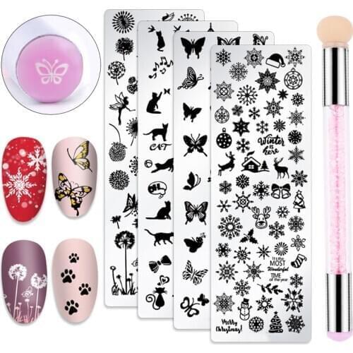 1pcs Christmas Nail Stamping Plate+Silicone Sponge Brush Set Butterfly Cat Nail Art Template Stencils Manicure Stamp Tools