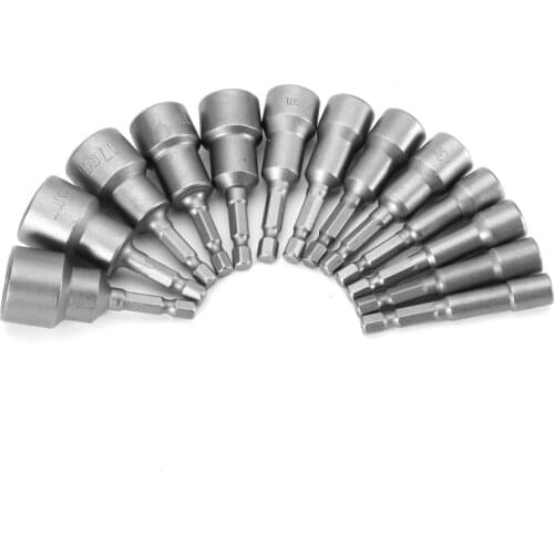 14pcs Metric Socket 1/4" Hex Shank Magnetic Nut Driver Set Professional Socket Tools Impact Drill Bits Adapter 6mm to 19mm