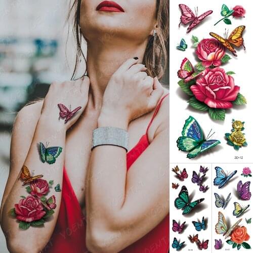 3D Colorful Waterproof Temporary Tattoo Sticker Butterfly Fake Tatto Flash Rose Feather Tatoo Body Art for Women